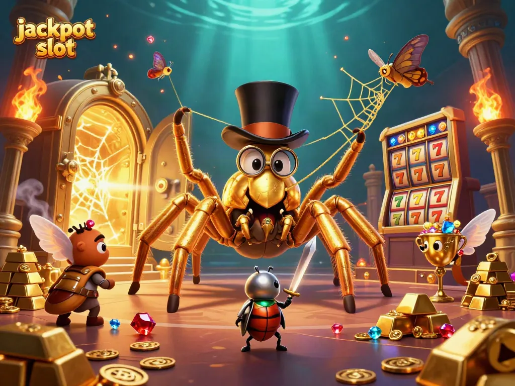Experience the excitement of jackpot slots with a golden tarantula and knight in a vibrant casino scene.
