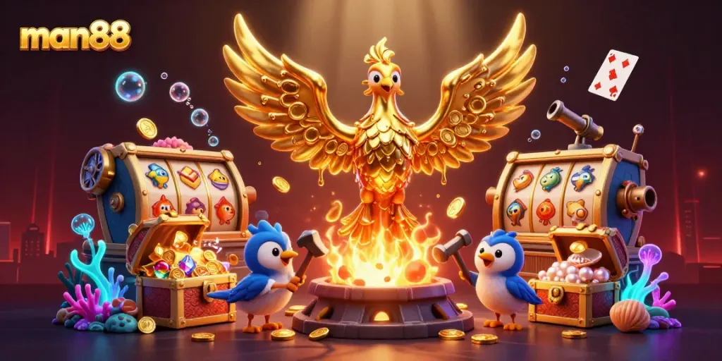 Experience thrilling wins while playing slots at man88 with a vibrant golden phoenix and immersive elements.