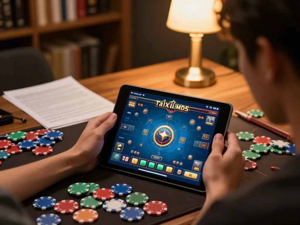 A player engaging with Tài Xỉu MD5 online game on a tablet, showcasing strategy and excitement in a cozy home atmosphere.