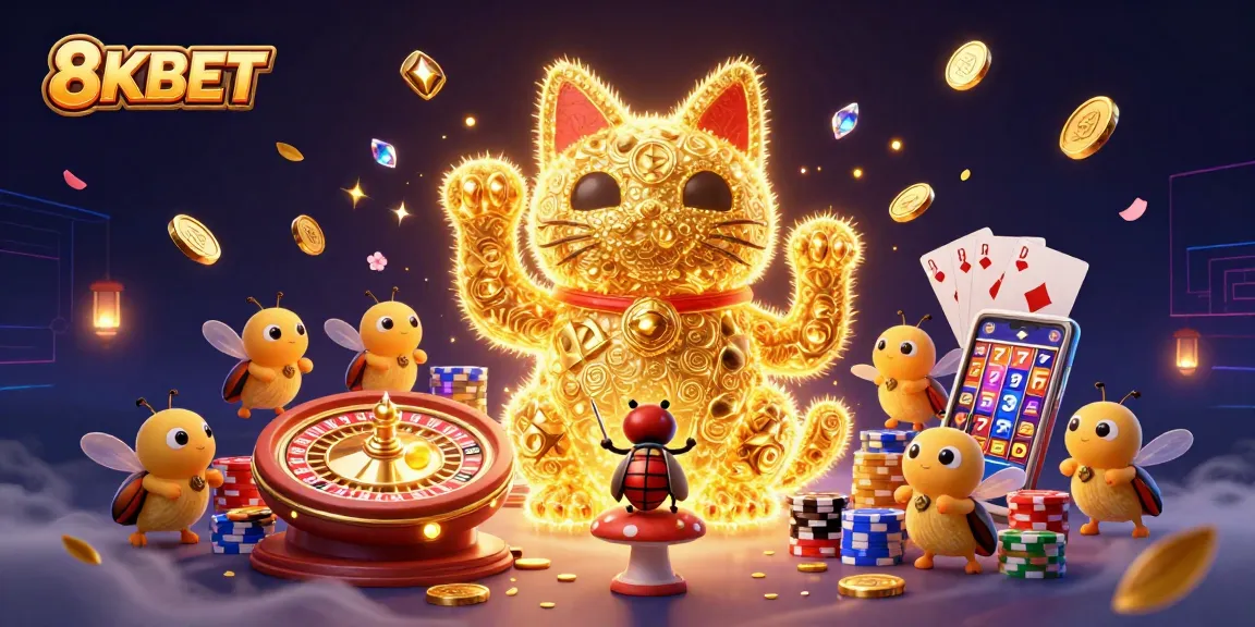 8KBET showcases a vibrant 3D casino scene with a lucky cat and dazzling game elements.