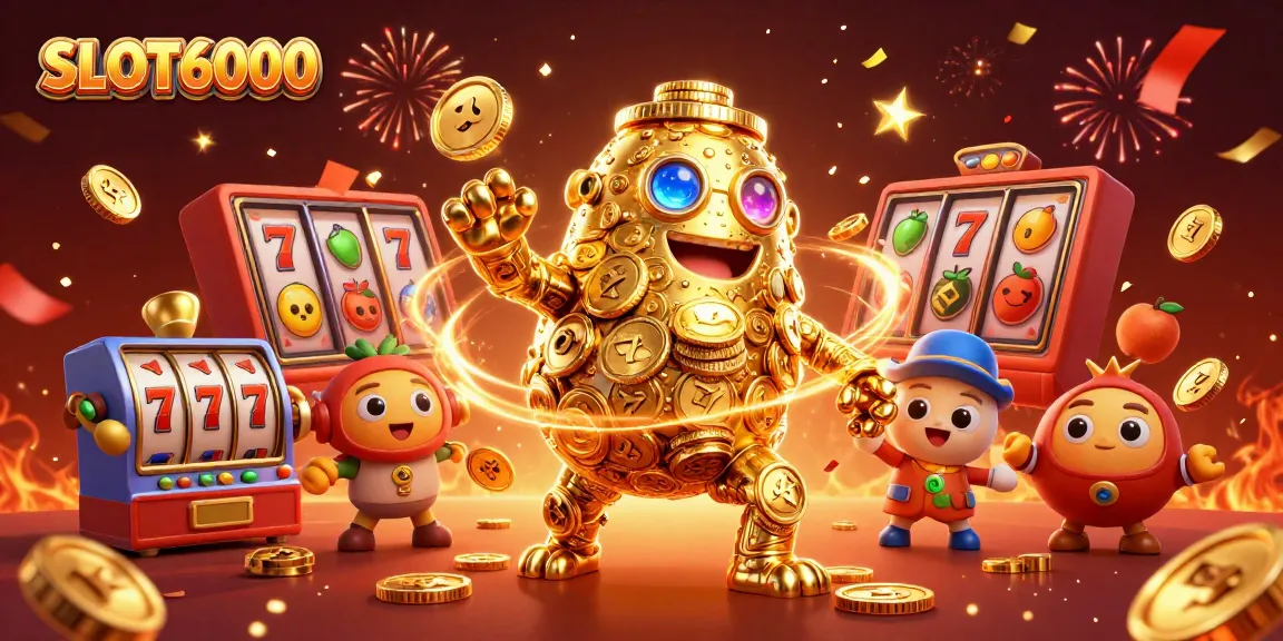 SLOT6000 offers vibrant gameplay with a golden golem amidst celebratory casino elements.