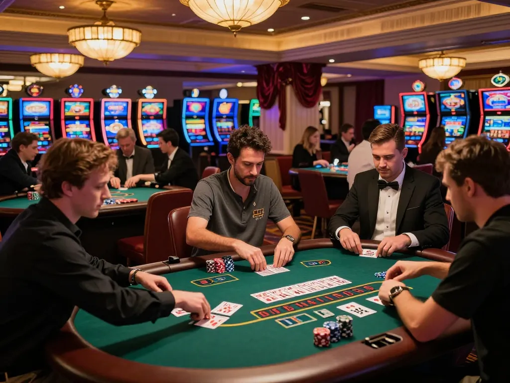 Players engaging in intense blackjack gameplay at a glamorous casino floor, representing the da88gg gaming experience.