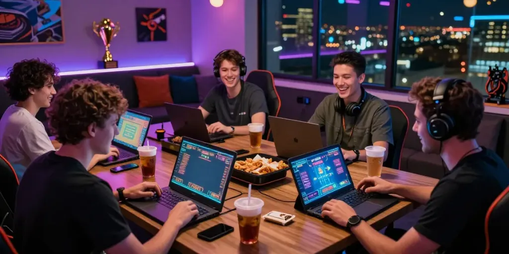 Enthusiastic gamers enjoying online betting at https://five88bet.org/ in a vibrant digital lounge.