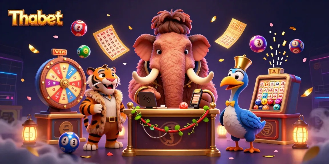 Thabet welcomes players with a vibrant scene of a woolly mammoth bouncer and colorful lottery elements.