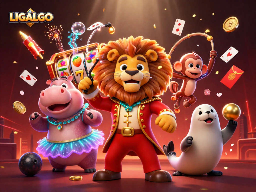 LIGALGO offers immersive sports betting excitement with cartoon characters celebrating wins among slot reels and poker cards.