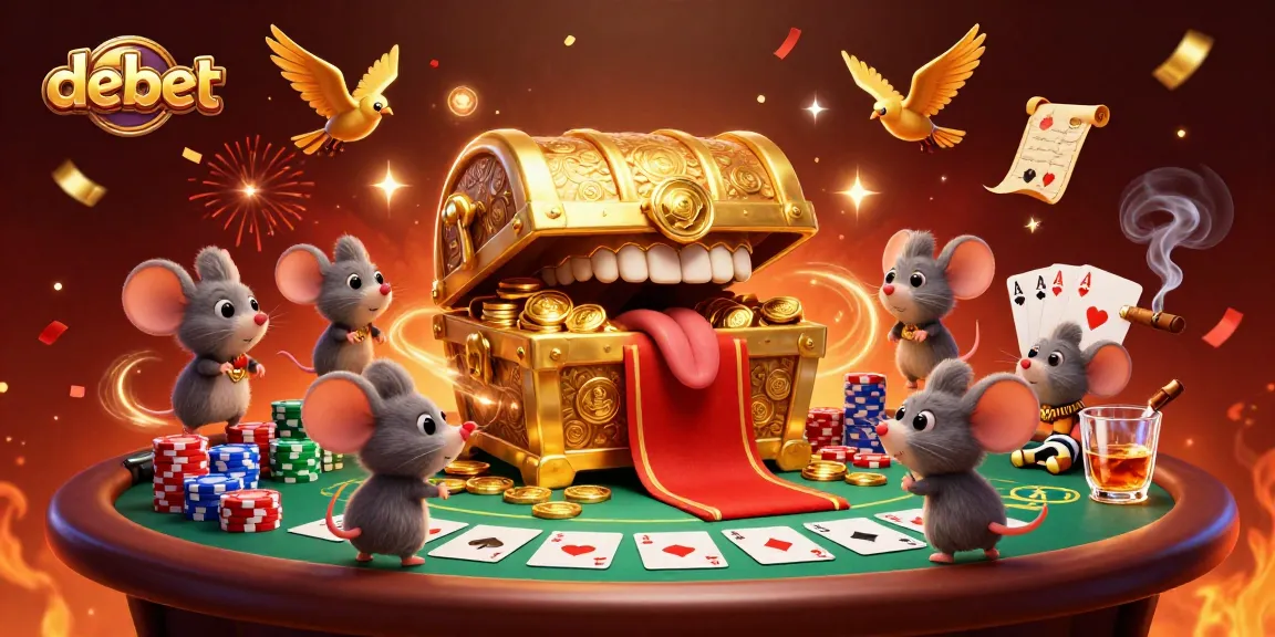 Experience the thrill of winning with debet's cartoon treasure chest and poker excitement.
