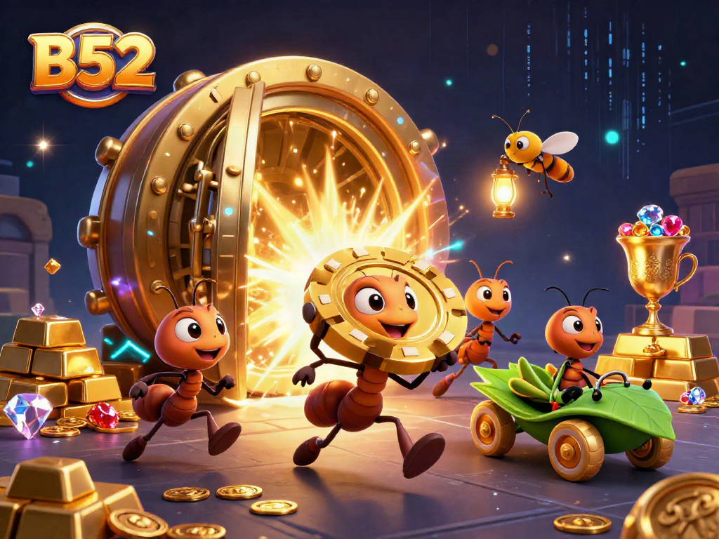 Bets come alive in a dynamic B52-themed casino heist illustrated with cartoon ants, fireflies, and golden treasures.