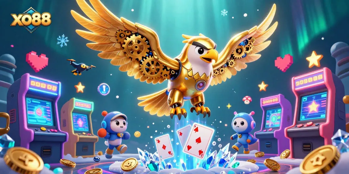 Experience exciting gaming with xo88 featuring a cybernetic eagle and vibrant casino elements.