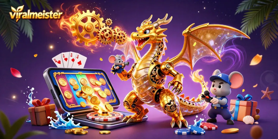Experience thrilling gameplay at viralmeister with a dynamic 3D casino scene filled with golden dragons, slot games, and vibrant energy.