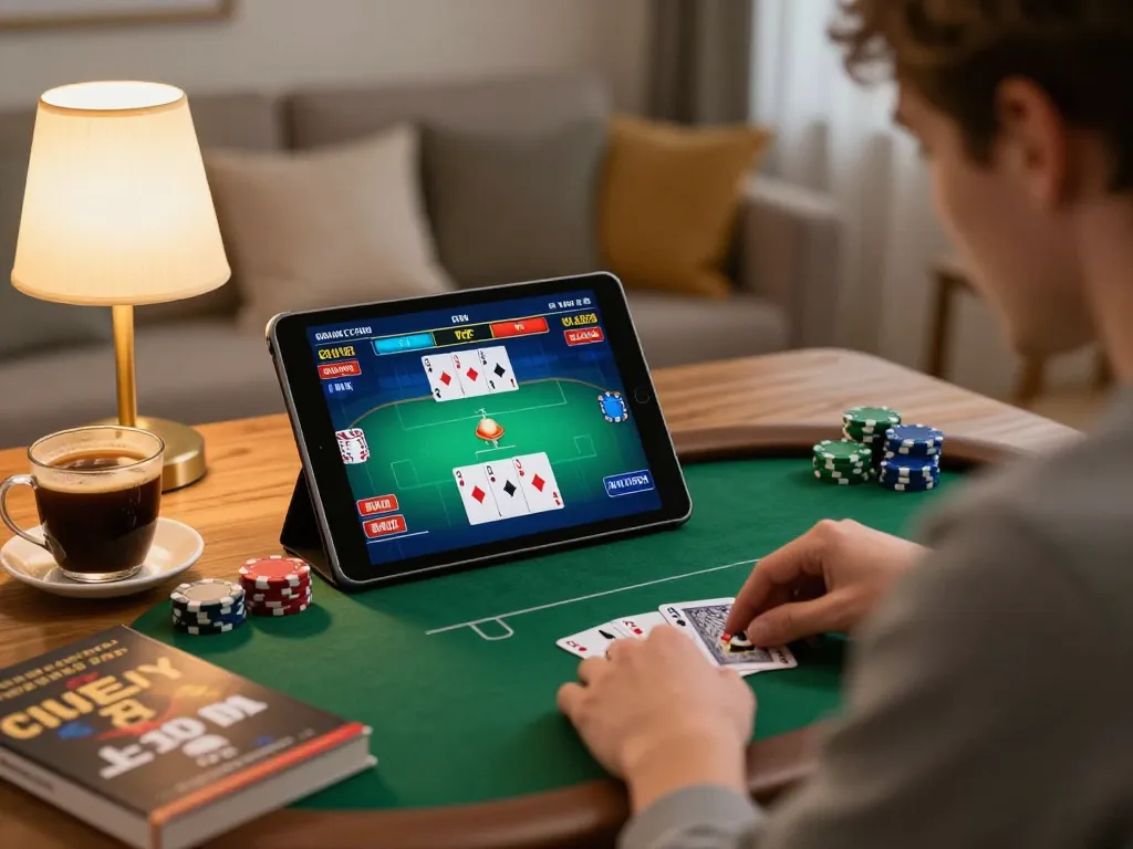 Engaging online poker gameplay on tablet in cozy living room with 79king strategy notes.