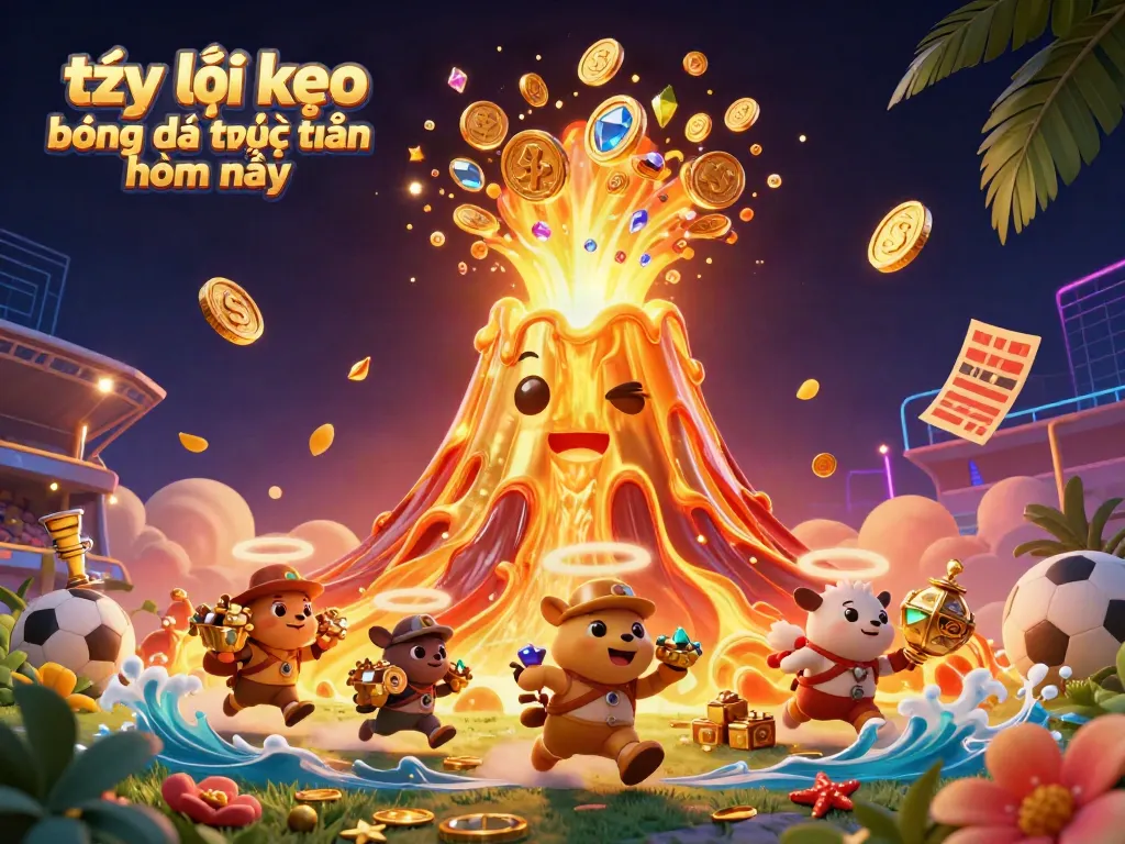 Tỷ lệ kèo bóng đá trực tuyến hôm nay với hình ảnh vui nhộn về quả núi lửa vàng phun trào tiền và các vật phẩm siêu hấp dẫn.