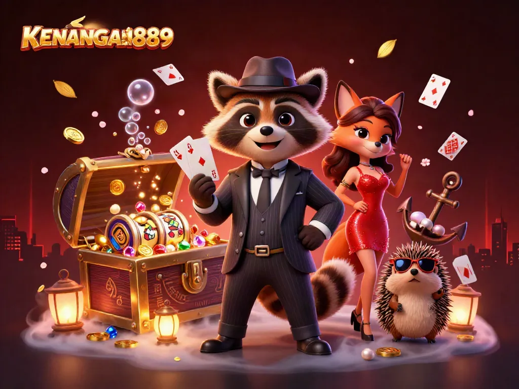 Experience thrilling gameplay with KENANGAN889, featuring a suave raccoon holding a royal flush.