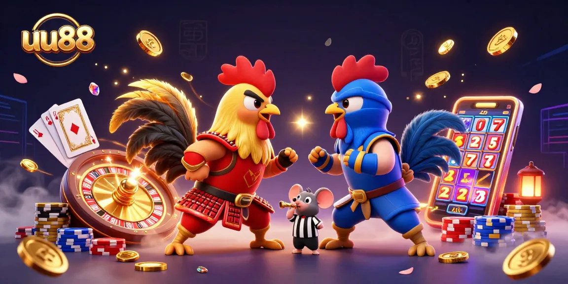Action-packed scene featuring uu88's epic rooster duel with casino elements and sparkling treasures.