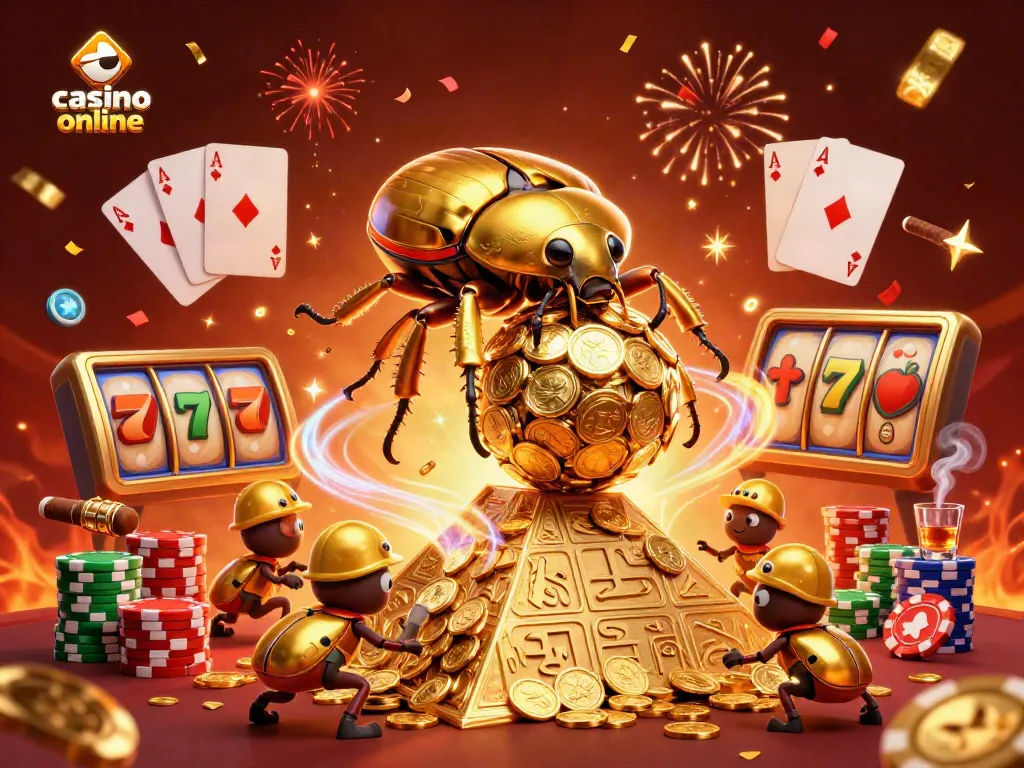 Juega en el casino online mientras un escarabajo dorado rueda monedas hacia la cima en un escenario vibrante.