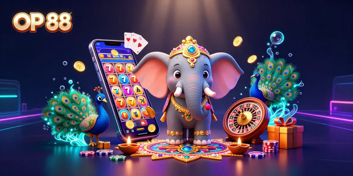 Experience OP 88's vibrant design featuring a 3D casino scene with an elephant, peacock, and exciting game elements.