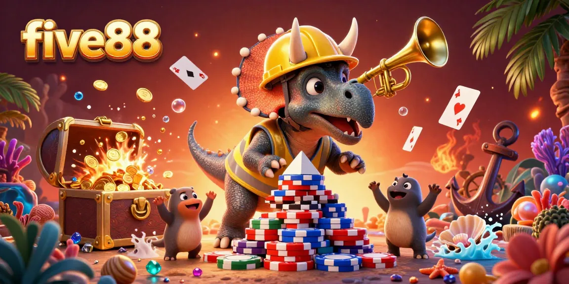 Experience the vibrant five88 casino scene with animated characters celebrating a jackpot amidst gold coins and playing cards.