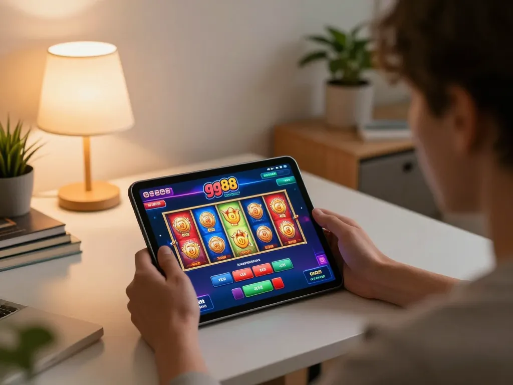 Engaging in gg88 mobile gaming with vibrant slots on a tablet in a cozy home setting.