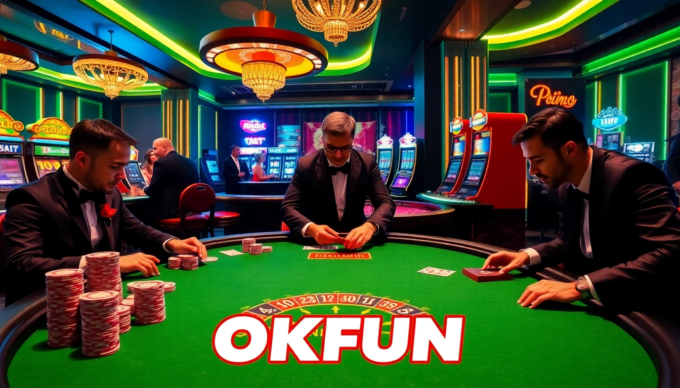 Players enjoying their winnings at the OKFUN casino table with vibrant slot machines in the background.
