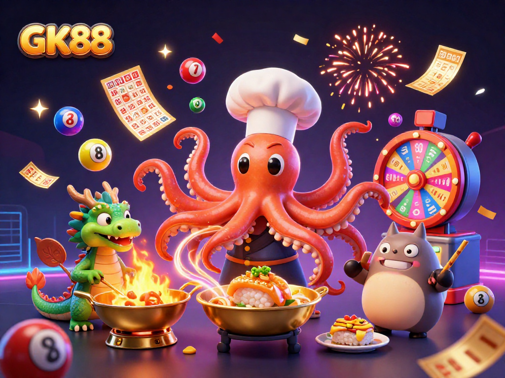Experience excitement with GK88 as a playful octopus chef prepares golden dishes amidst colorful lottery balls and vibrant confetti.