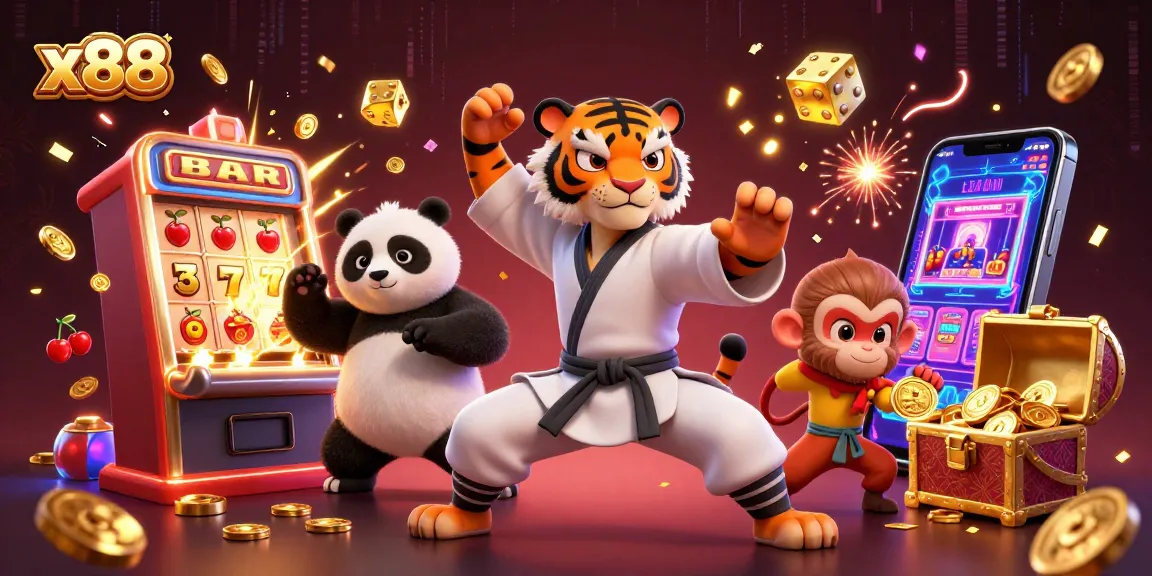 x88 players enjoy vibrant casino games with a kung fu tiger master and fun symbols in action.