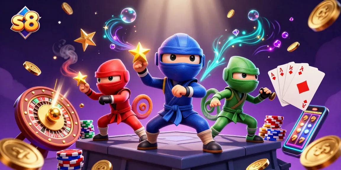 S8 dazzling casino scene with chameleon ninjas and flying coins, showcasing thrilling action.
