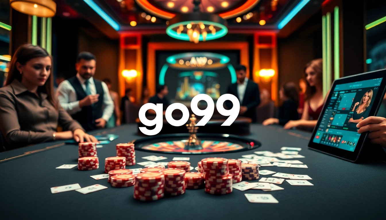 Experience the excitement of go99 at a luxurious casino with vibrant poker chips and roulette.