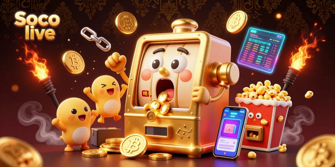 Soco live slot machine celebrates a jackpot with coins pouring out, amidst energetic gambling elements and a lively backdrop.