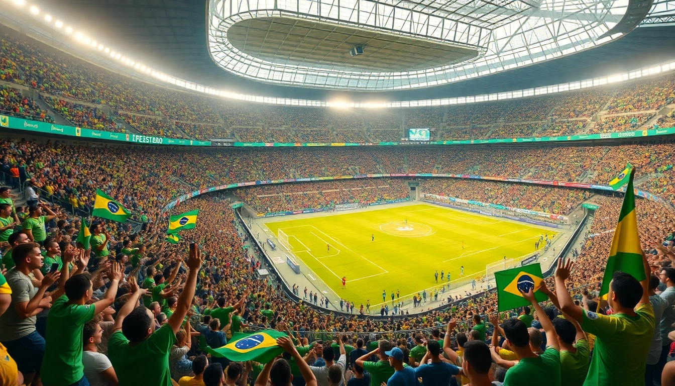 Exciting scene from the giải vô địch quốc gia brazil hôm nay with fans celebrating in a vibrant stadium.