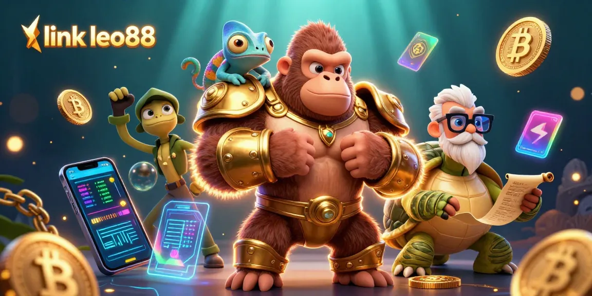 Join the excitement with link leo88 in this vibrant casino-themed dynamic illustration of characters and crypto elements.