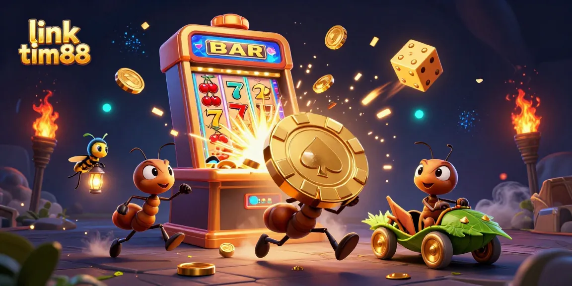 Join the thrilling heist of link tim88 as cartoon ants transport a massive poker chip amidst exploding slots and treasures.
