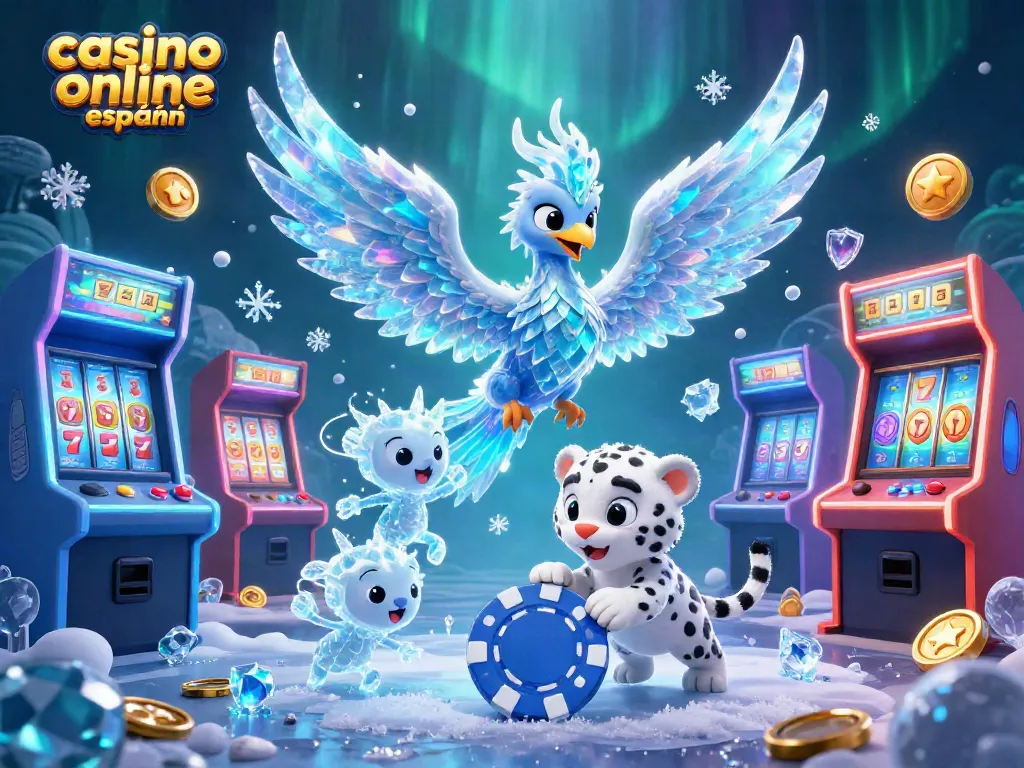 Disfruta del juego en un casino online español con una ilustración vibrante de un fénix de hielo y elementos de azar.