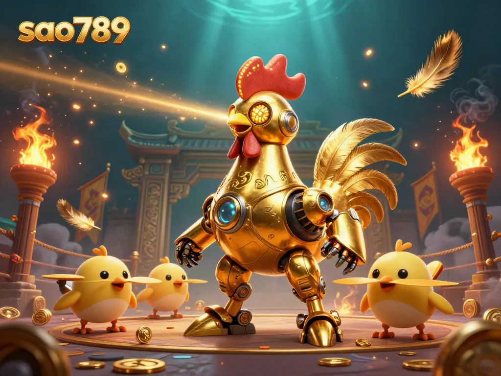 Watch the sao789 golden rooster robot and chick drones in a vibrant casino battle scene.