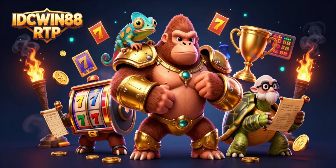Engage with IDCWIN88 RTP in a vibrant 3D casino scene featuring dynamic slot reels and adventurous characters.