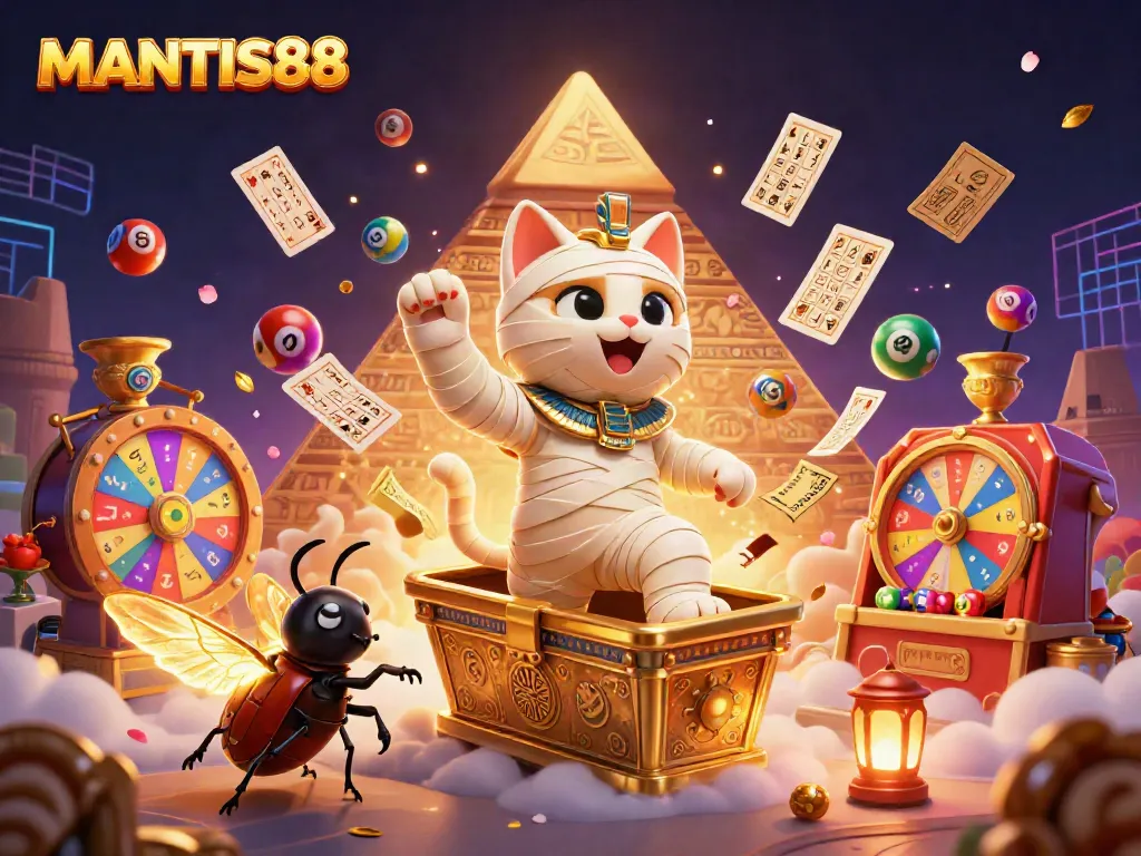MANTIS88 online platform features a vibrant illustration of a mummy cat in a casino bursting with lottery elements.
