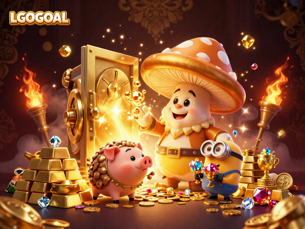 Win big with LGOGOAL promoting a vibrant, treasure-filled illustration of riches and magic in casino adventure.