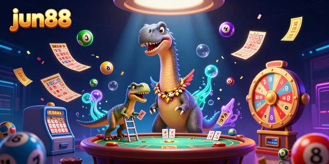 Experience excitement at jun88 with a cartoon dinosaur dealing cards in a vibrant casino scene.