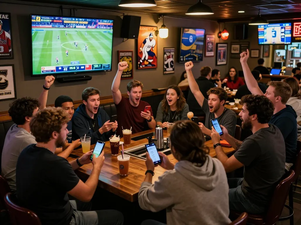 Excited gamblers engaged in sports betting at CM88-vn themed sports bar with live games.