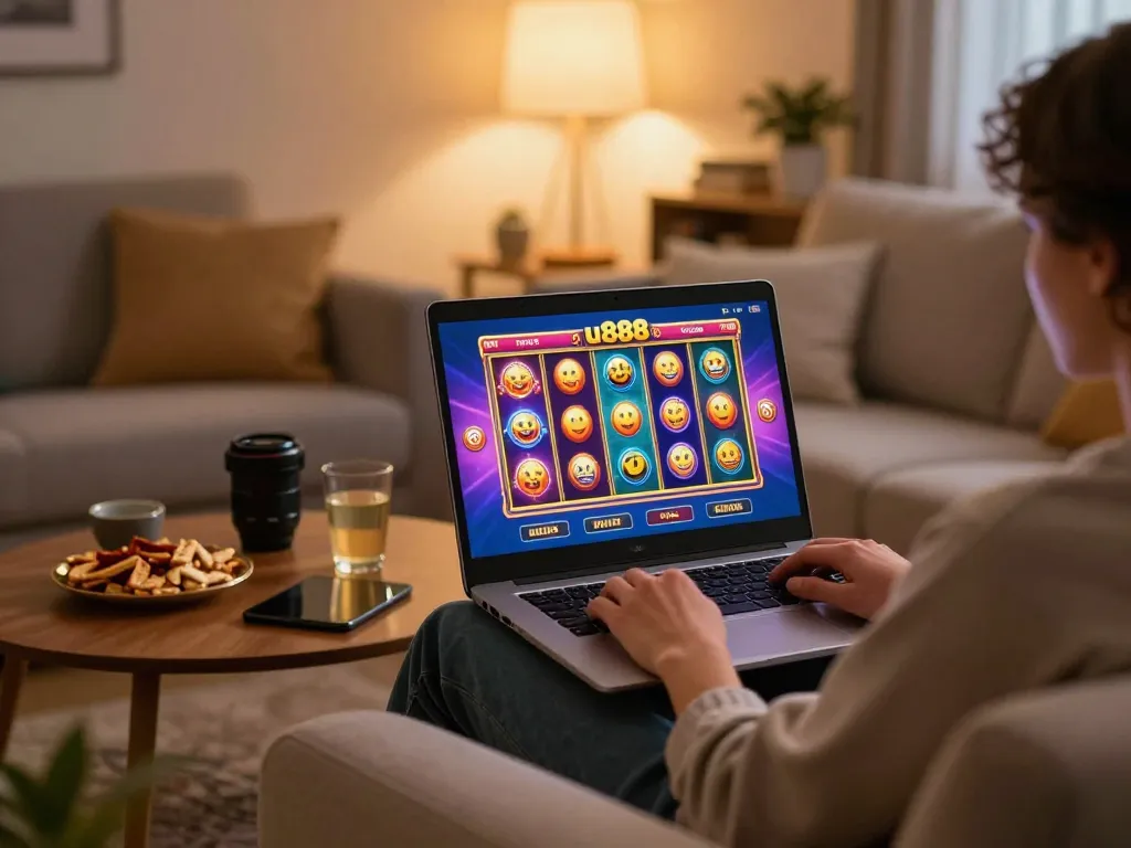 Engaging in u888 online casino games with a laptop while enjoying a cozy home atmosphere