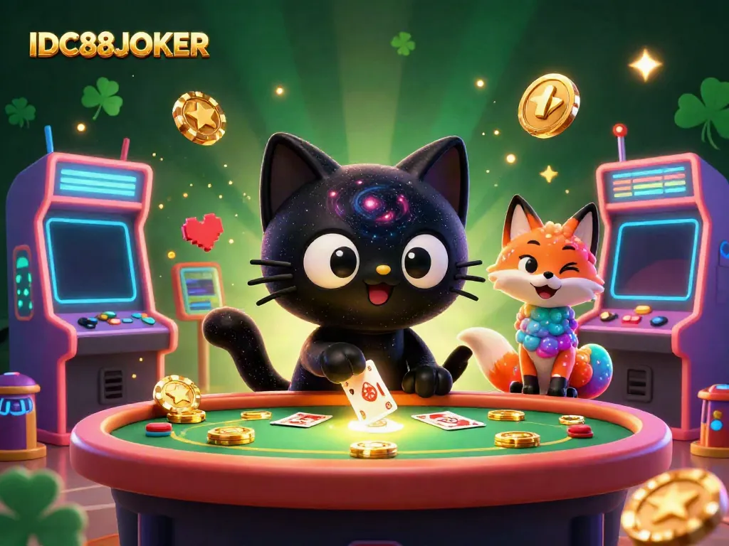 Experience IDC88JOKER's vibrant online gaming universe with a cosmic cat and nebula fox in a casino scene.