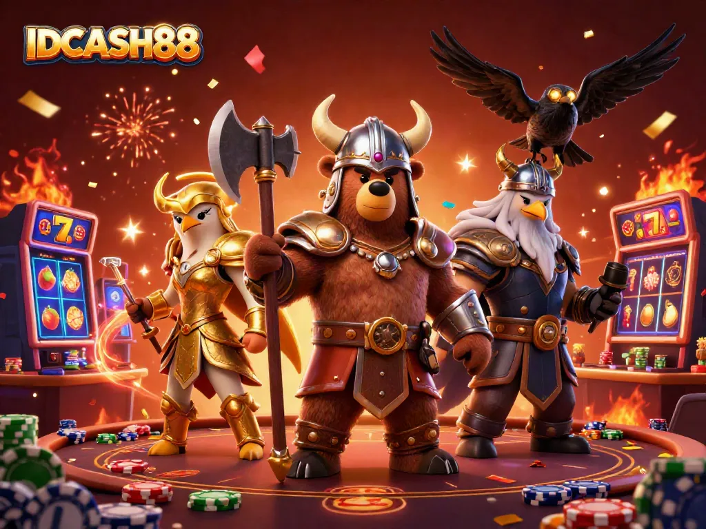 Join the excitement at IDCASH88 with a thrilling 3D casino scene featuring vibrant game elements.