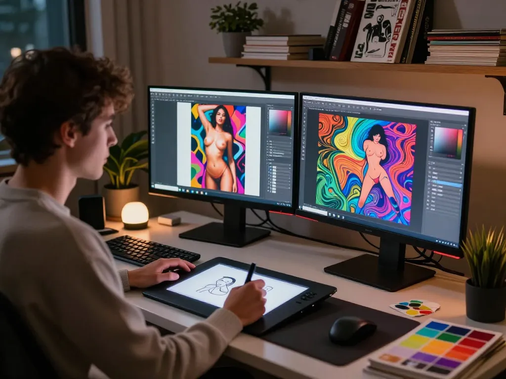 Dynamic scene of AI porn creation in a vibrant digital art studio, showcasing artist with monitors and tools.
