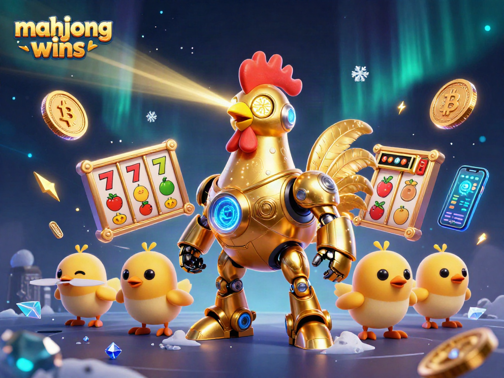 Experience mahjong wins with a futuristic golden rooster robot and exciting slot game elements.