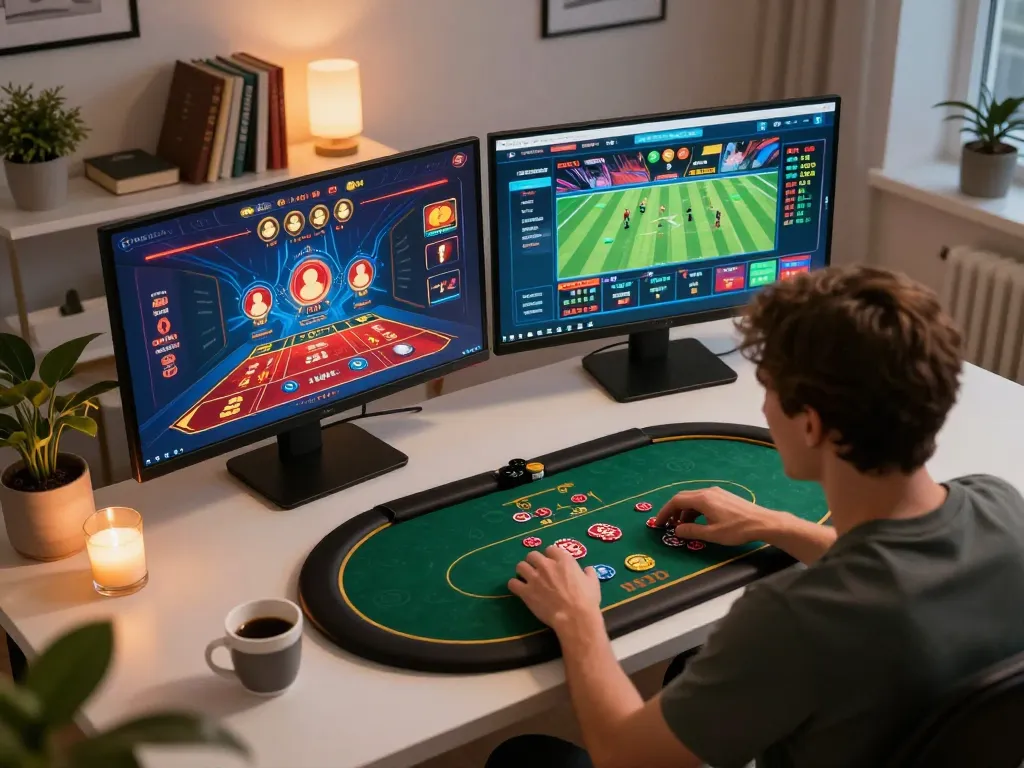 Engaged user exploring trang chủ CM88 on dual monitors, showcasing an exciting online poker and sports betting interface