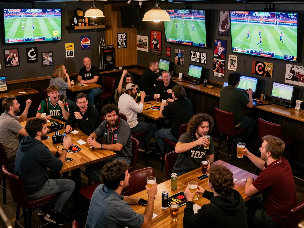 Fun88 sports betting scene with enthusiastic fans cheering and placing bets in a lively bar.