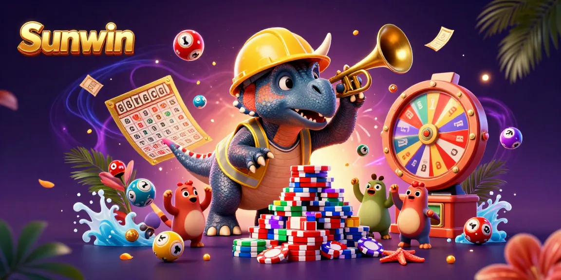 Engaging scene showcasing Sunwin with a triceratops and lottery elements celebrating wins.