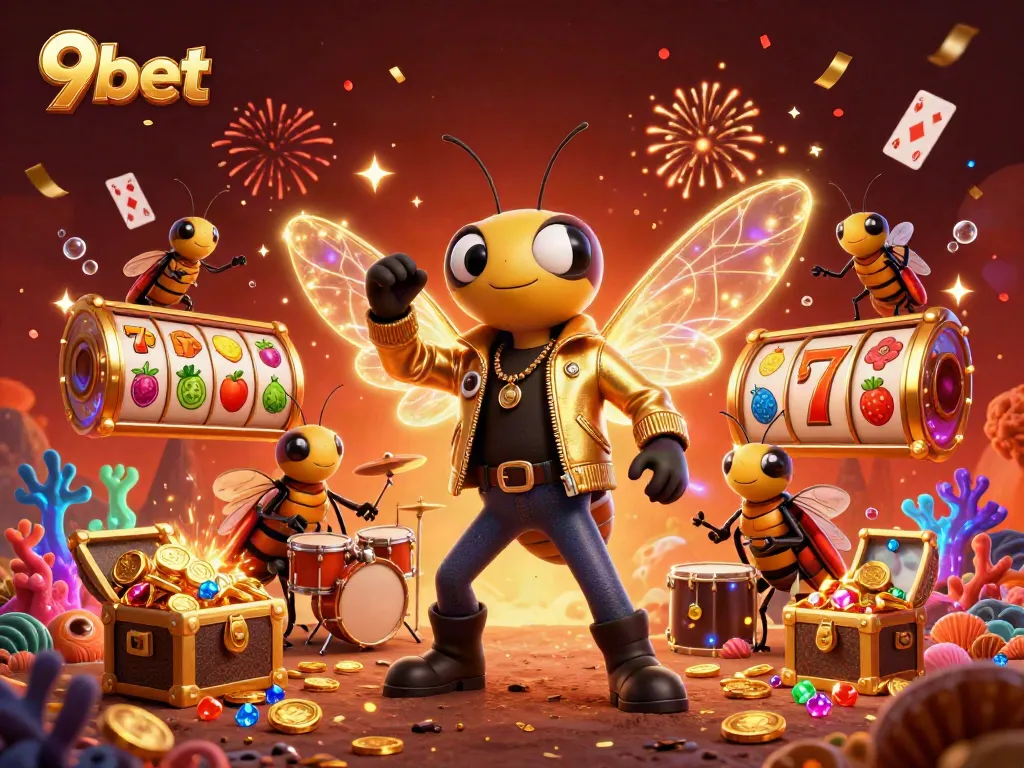 Experience the excitement of 9bet with a vibrant scene of cartoon characters celebrating amidst slot games and treasures.