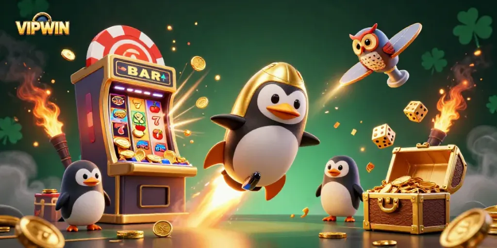 Experience thrilling wins with VIPWIN in this vibrant 3D casino scene filled with gold coins, slot machines, and exciting games.