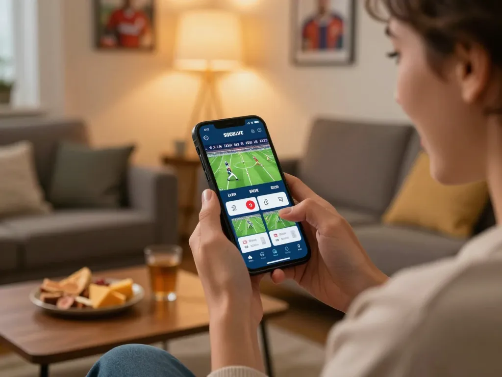 SOCOLIVE user actively engaging in live betting on a mobile app while enjoying a football match at home.