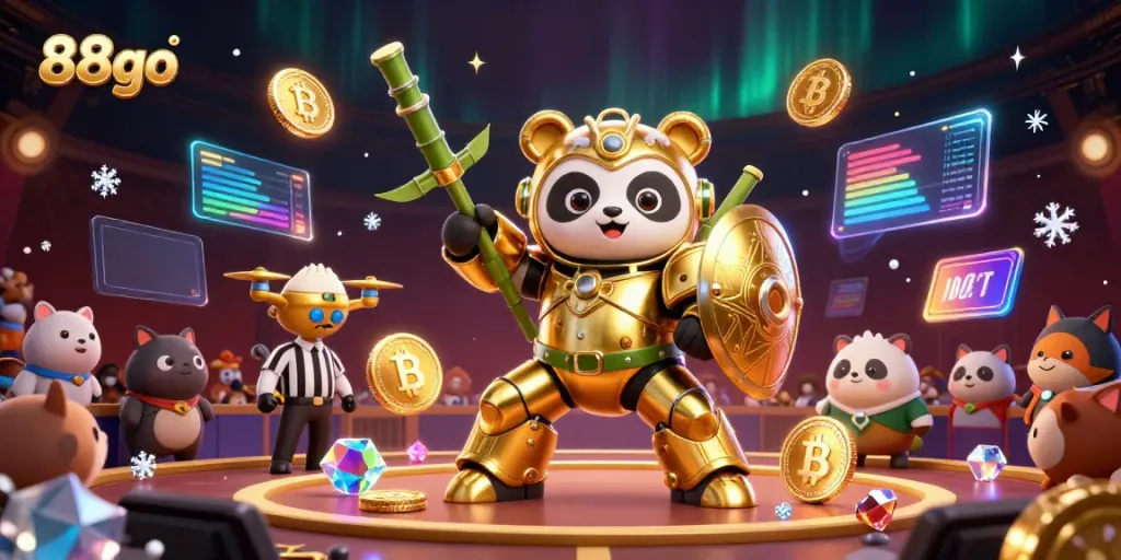 Experience thrilling gameplay with 88go in a vibrant arena featuring crypto elements and a mech-suit panda.