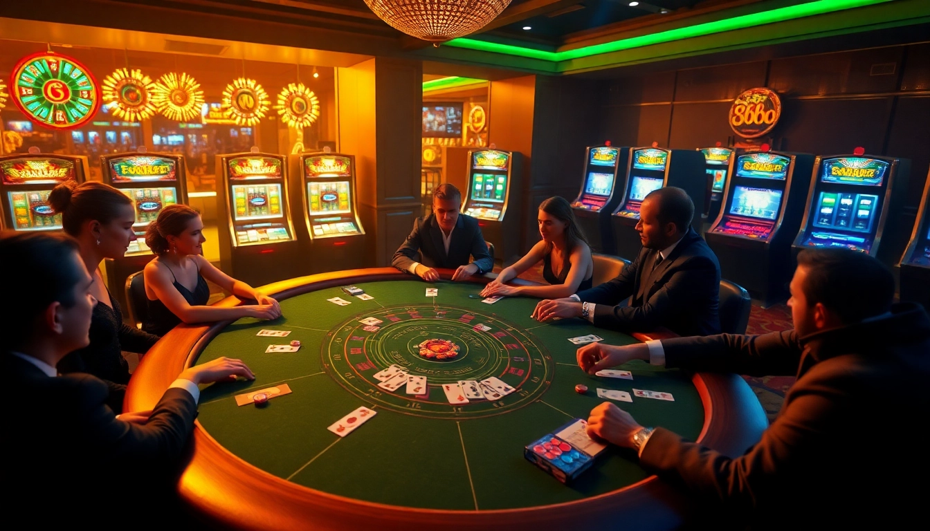 Engage with the dynamic atmosphere of 8k8 online casino featuring players at poker tables and vibrant slot machines.